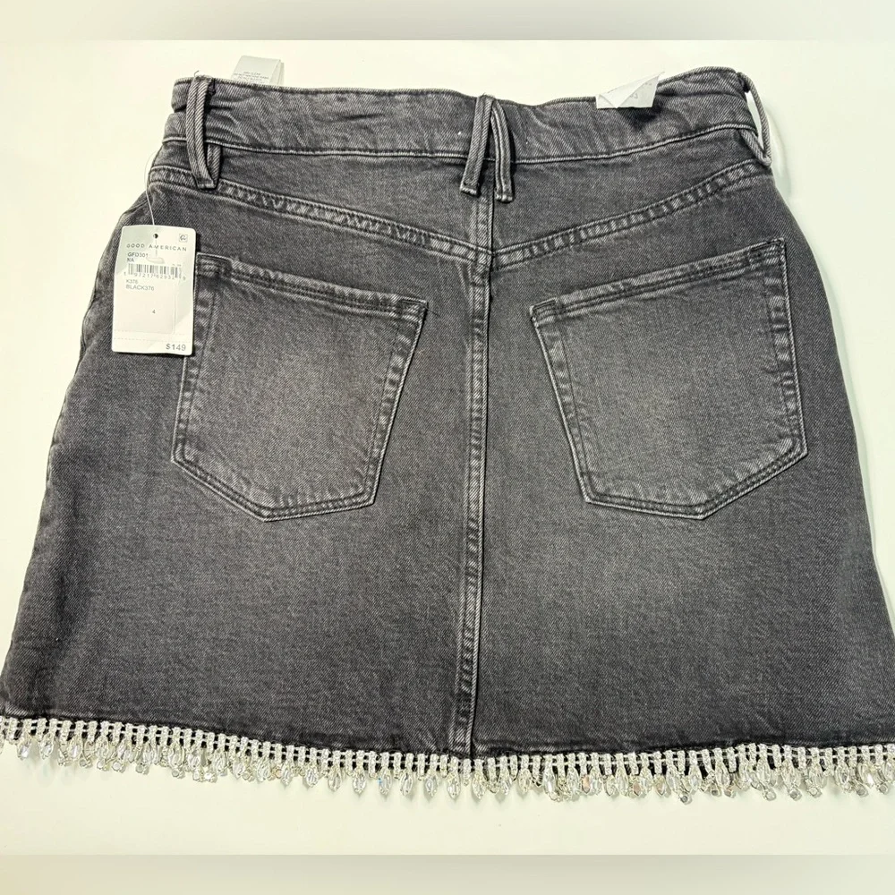 Good American Rhinestone Fringe Denim Mini Skirt NWT Y2K Party Size 4